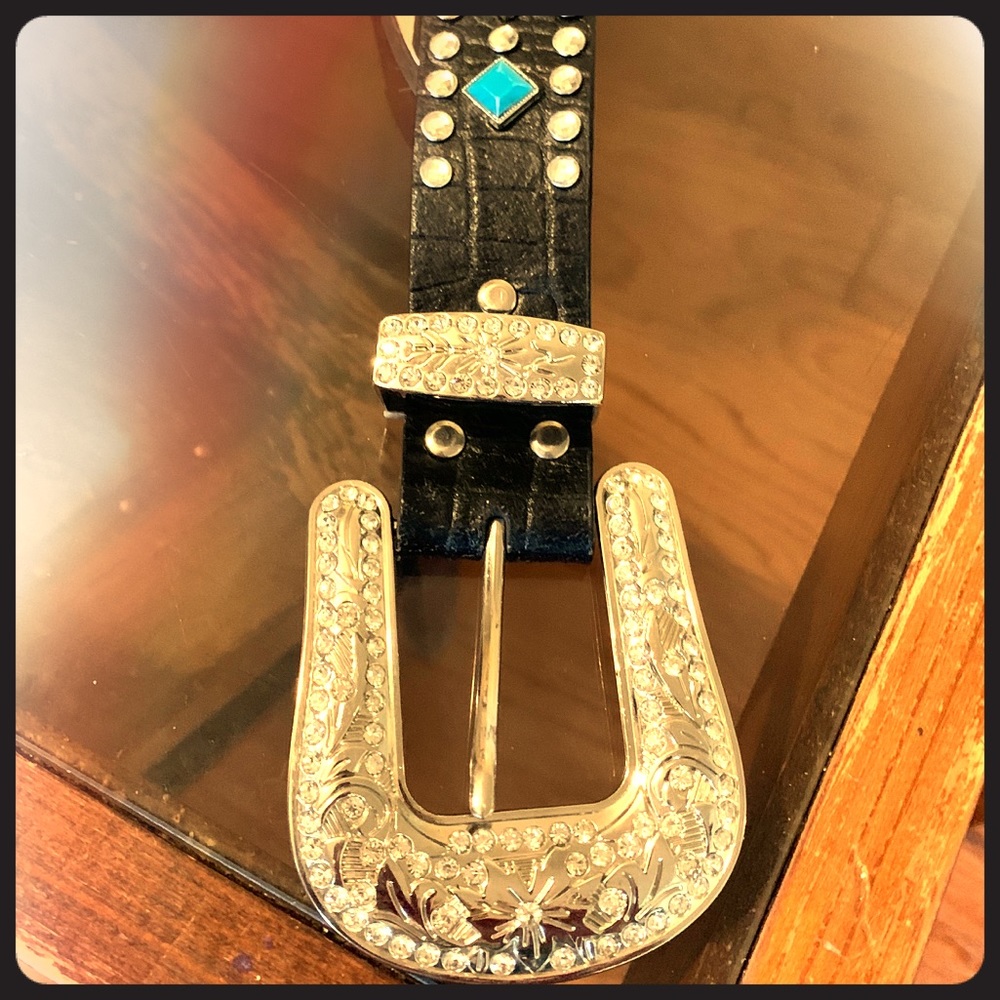 SOLD Belt Brown Leather Rhinestone Turquoise - Picture 4 of 4